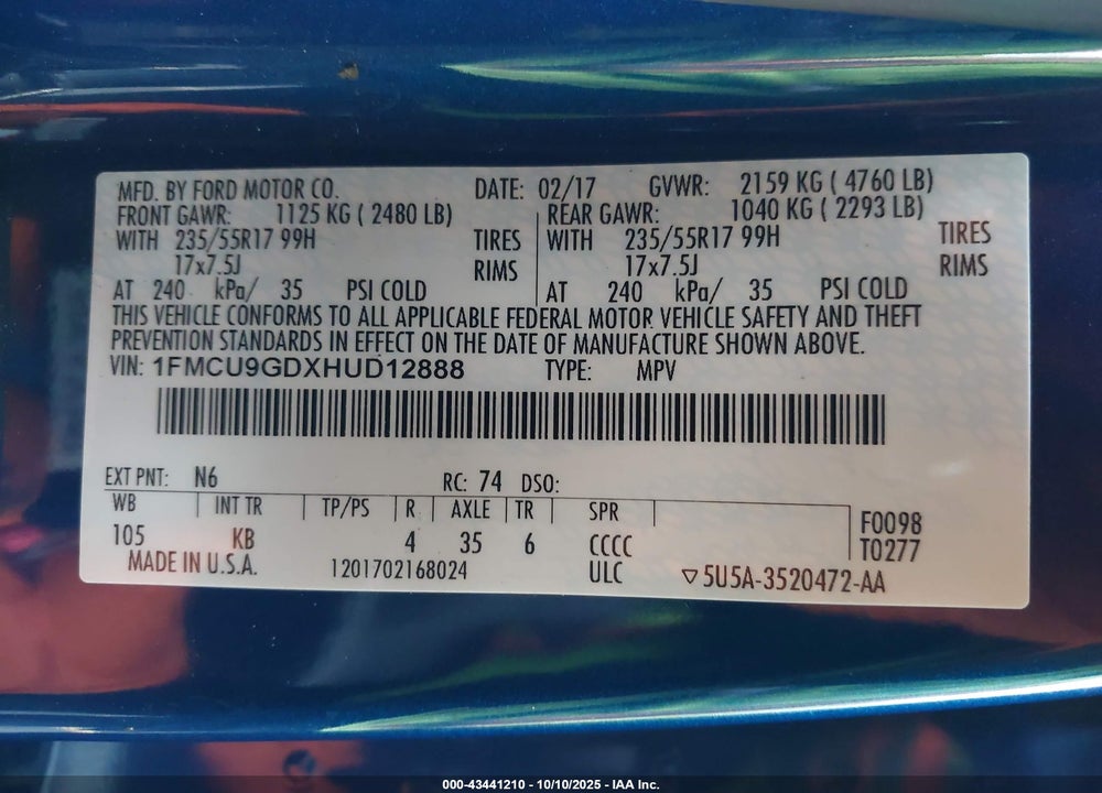 2017 FORD ESCAPE VIN: 1FMCU9GDXHUD12888