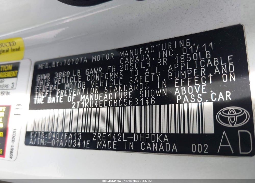 2011 TOYOTA MATRIX VIN: 2T1KU4EE0BC563146