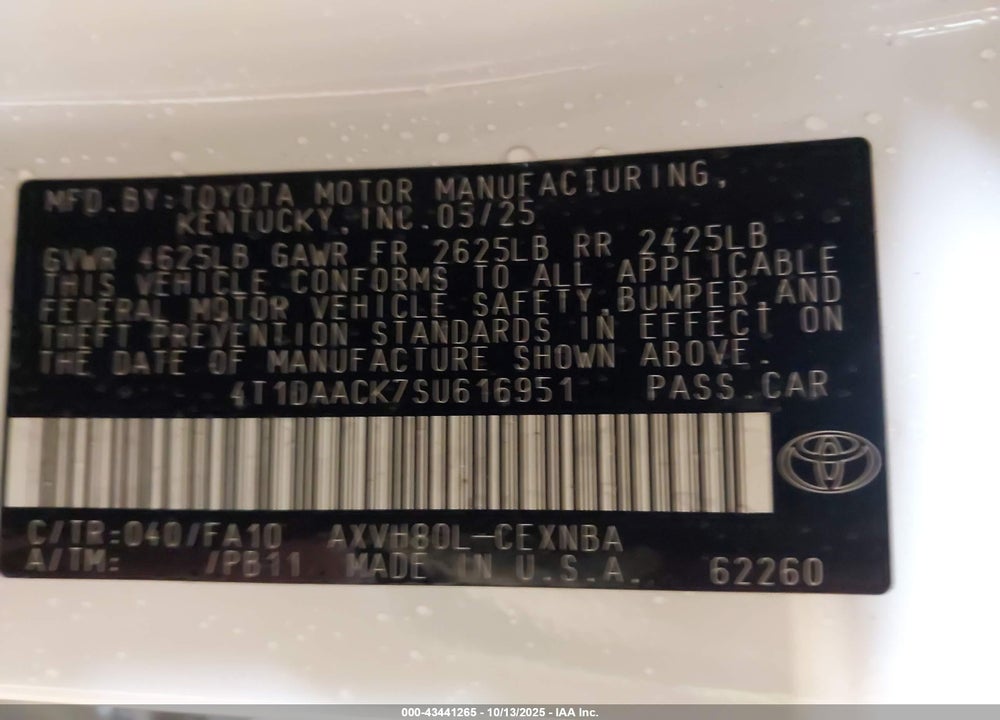 2025 TOYOTA CAMRY LE VIN: 4T1DAACK7SU616951