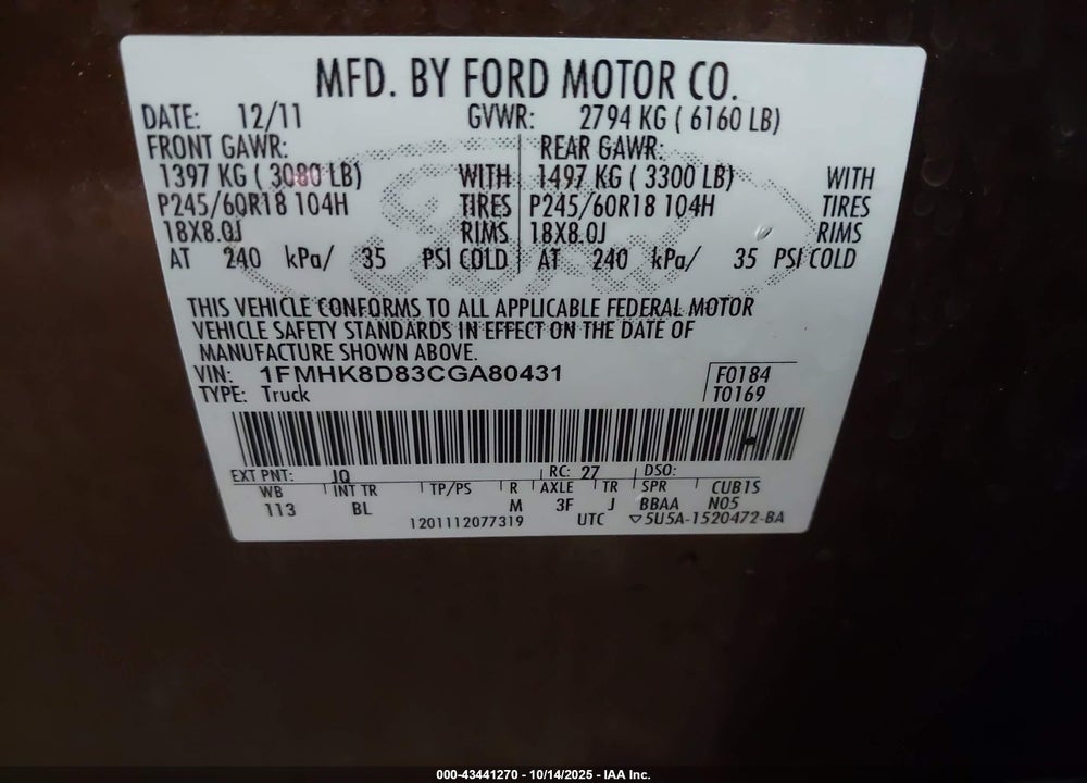 2012 FORD EXPLORER XLT VIN: 1FMHK8D83CGA80431