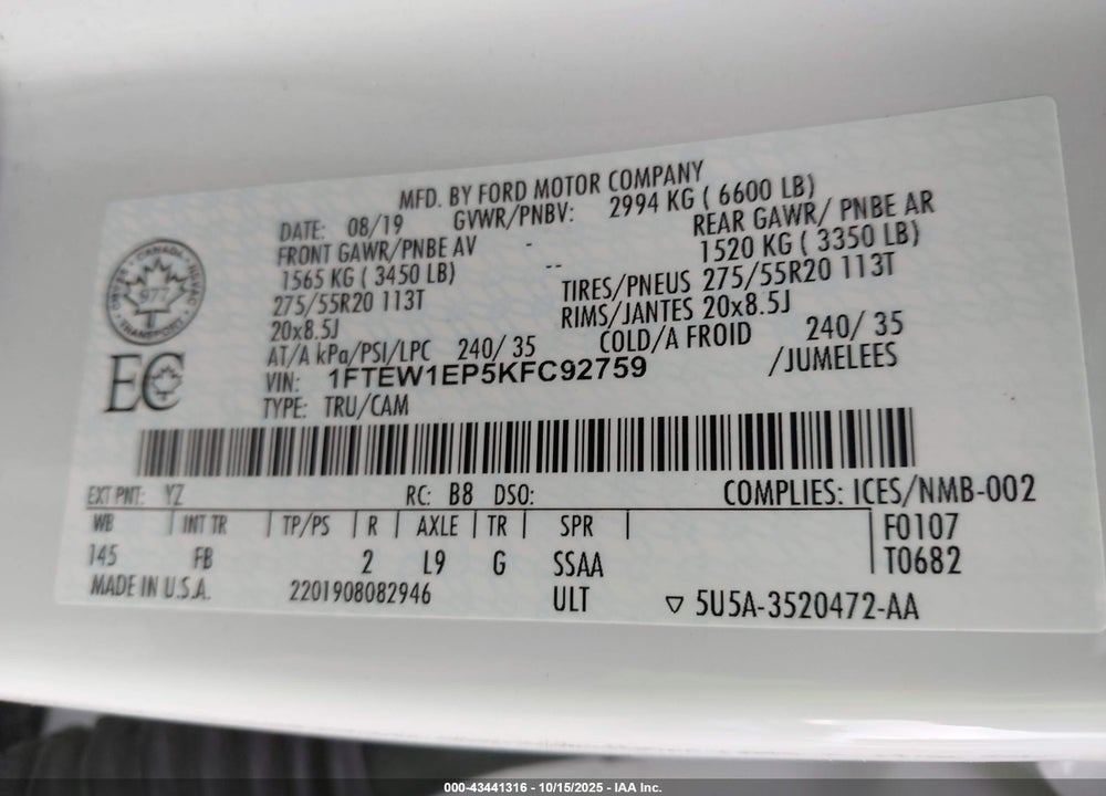 2019 FORD F-150 XLT VIN: 1FTEW1EP5KFC92759