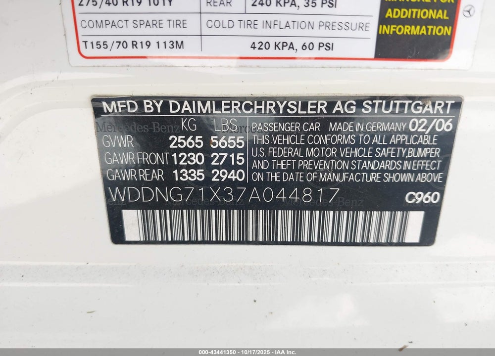2007 MERCEDES-BENZ S 550 VIN: WDDNG71X37A044817