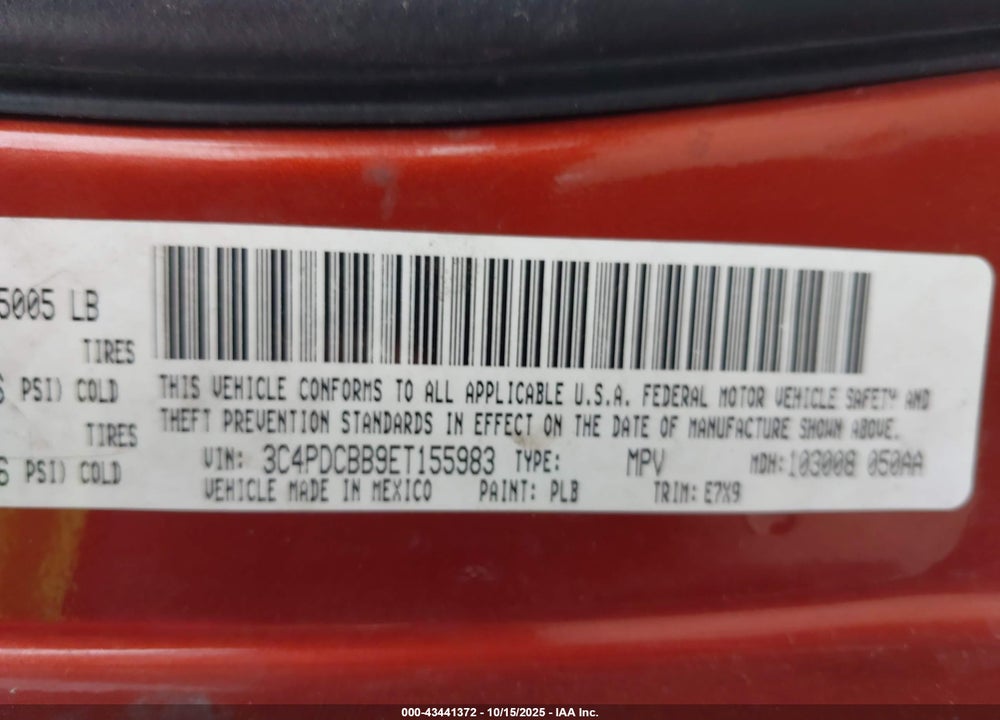 2014 DODGE JOURNEY SXT VIN: 3C4PDCBB9ET155983