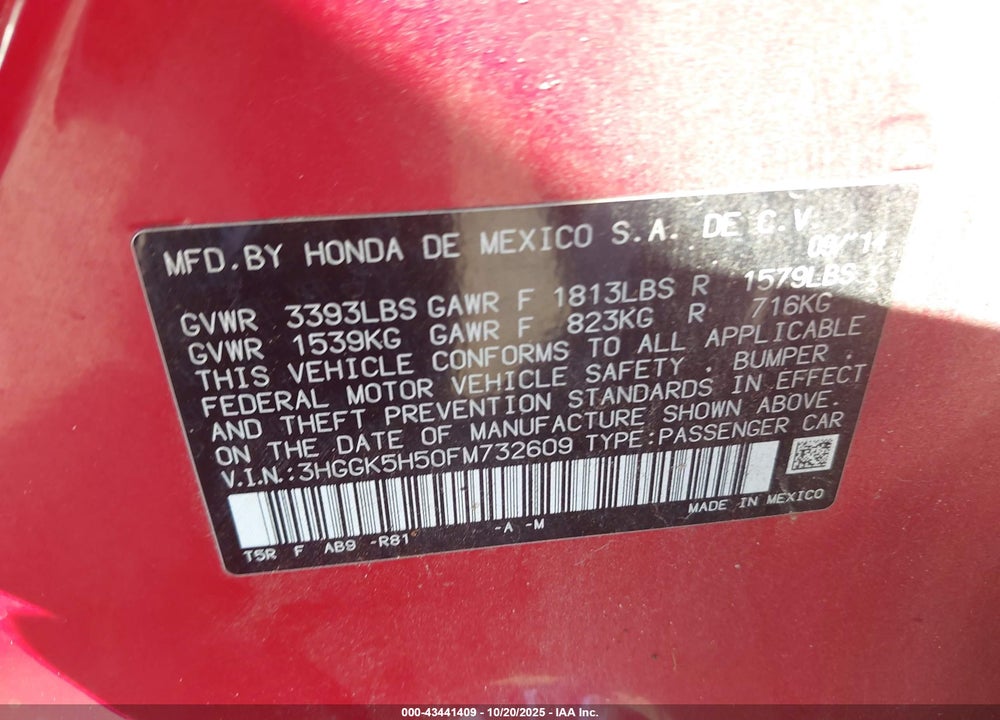 2015 HONDA FIT LX VIN: 3HGGK5H50FM732609