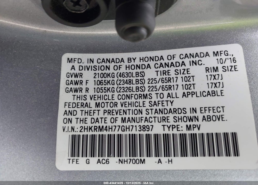 2016 HONDA CR-V EX-L VIN: 2HKRM4H77GH713897