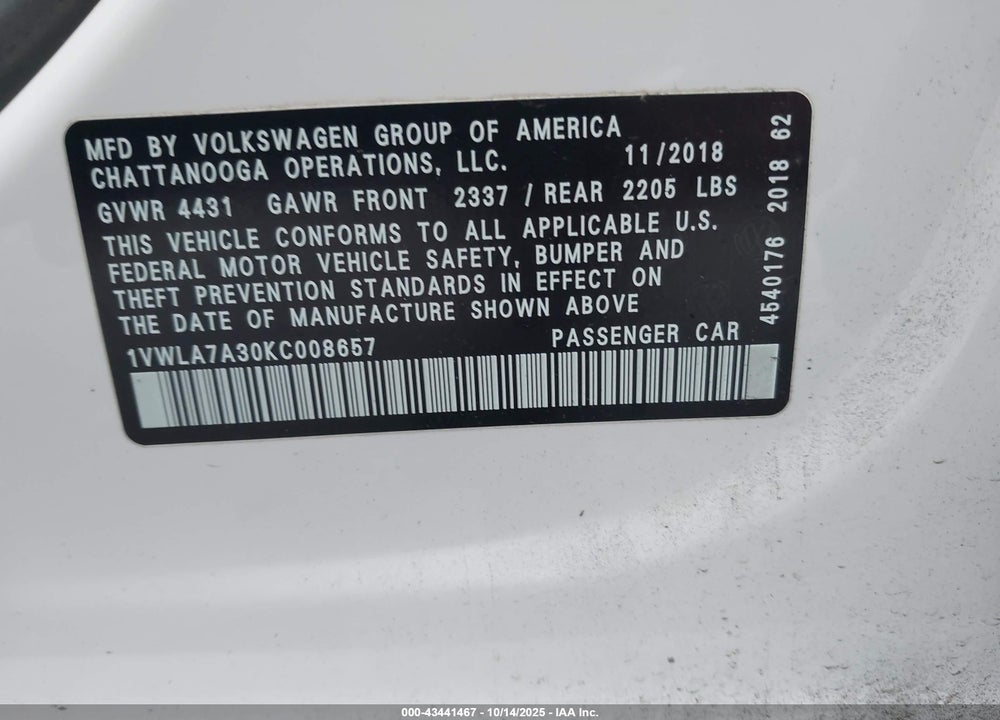 2019 VOLKSWAGEN PASSAT 2.0T WOLFSBURG EDITION VIN: 1VWLA7A30KC008657