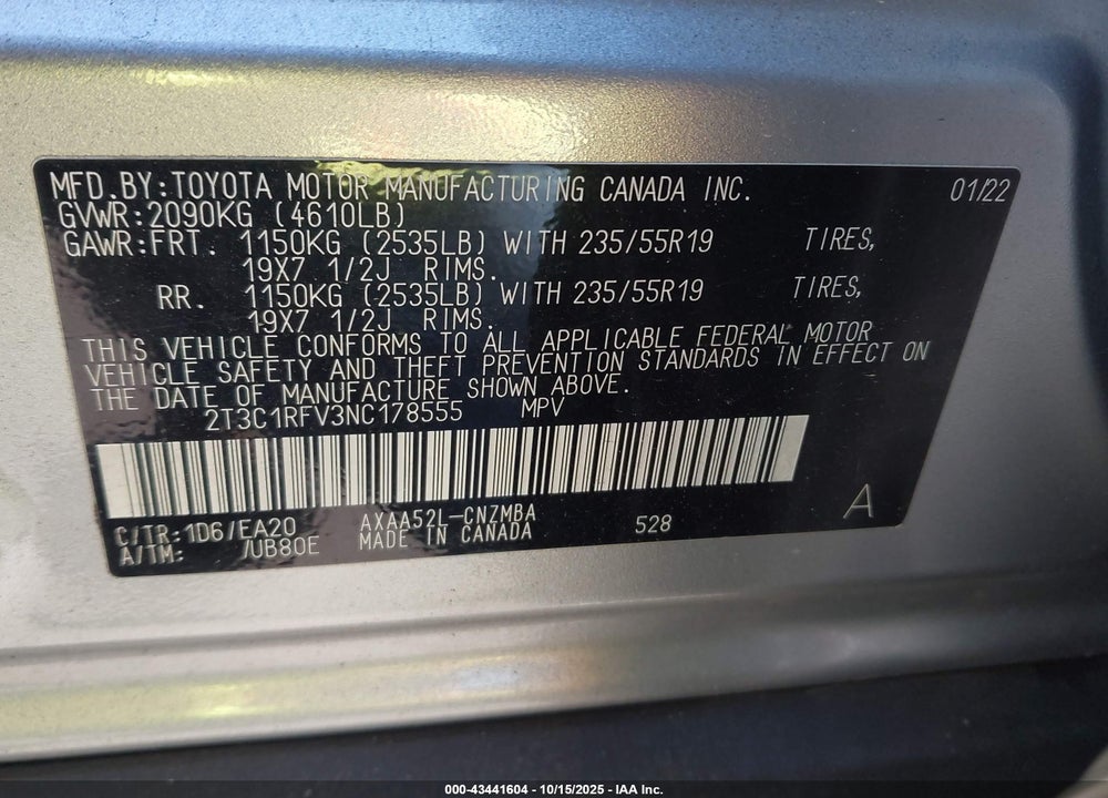 2022 TOYOTA RAV4 VIN: 2T3C1RFV3NC178555