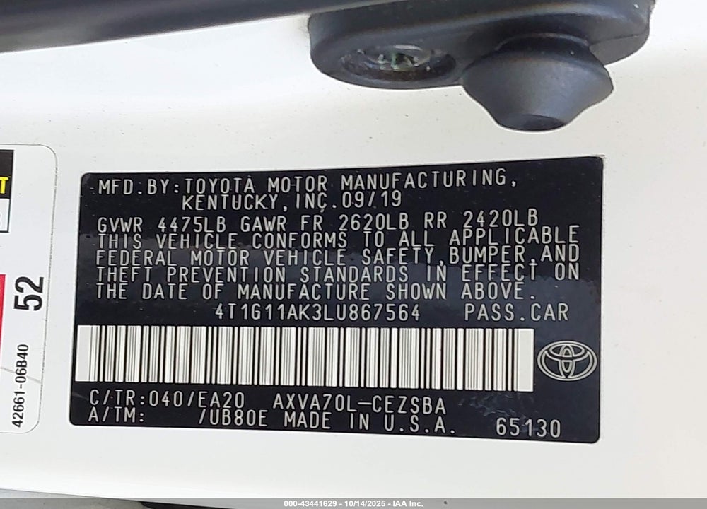2020 TOYOTA CAMRY VIN: 4T1G11AK3LU867564