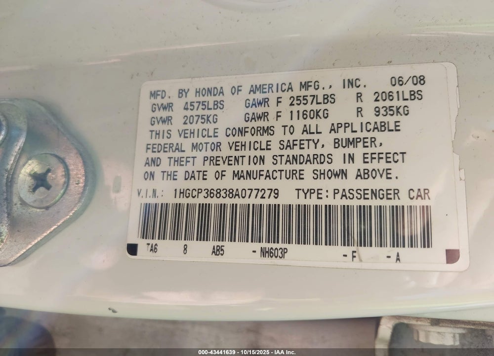 2008 HONDA ACCORD 3.5 EX-L VIN: 1HGCP36838A077279