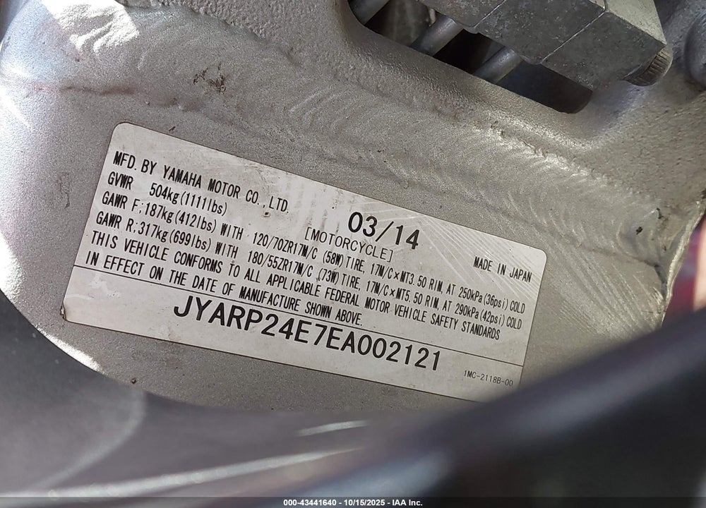 2014 YAMAHA FJR1300 A VIN: JYARP24E7EA002121