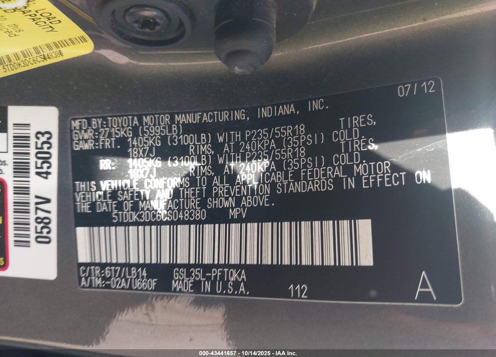 2012 TOYOTA SIENNA XLE LIMITED VIN: 5TDDK3DC6CS048380