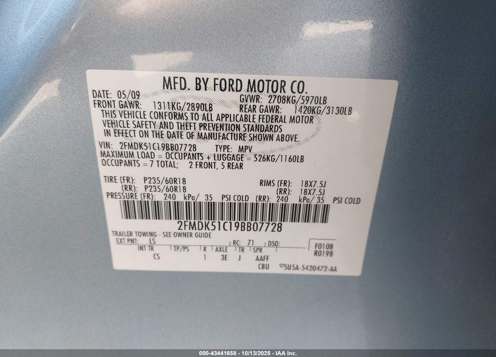 2009 FORD FLEX SE VIN: 2FMDK51C19BB07728