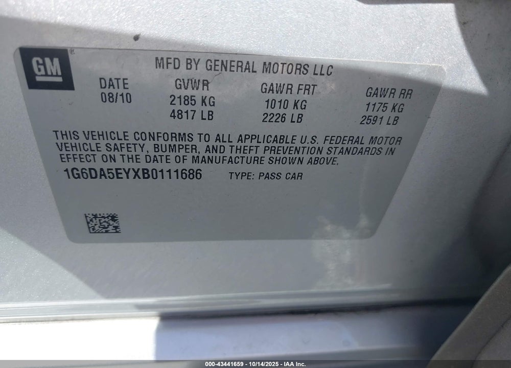 2011 CADILLAC CTS STANDARD VIN: 1G6DA5EYXB0111686
