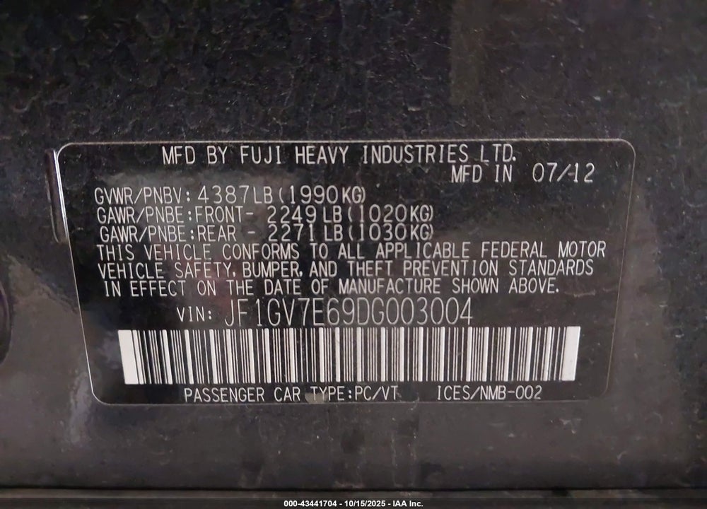 2013 SUBARU IMPREZA VIN: JF1GV7E69DG003004