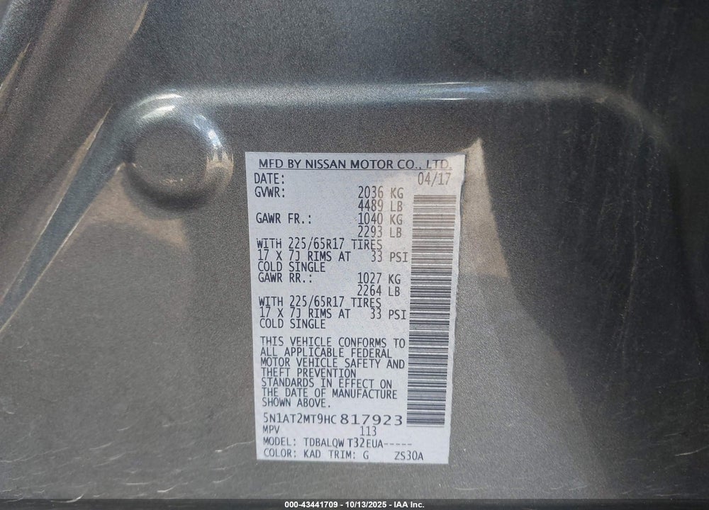 2017 NISSAN ROGUE SV VIN: 5N1AT2MT9HC817923