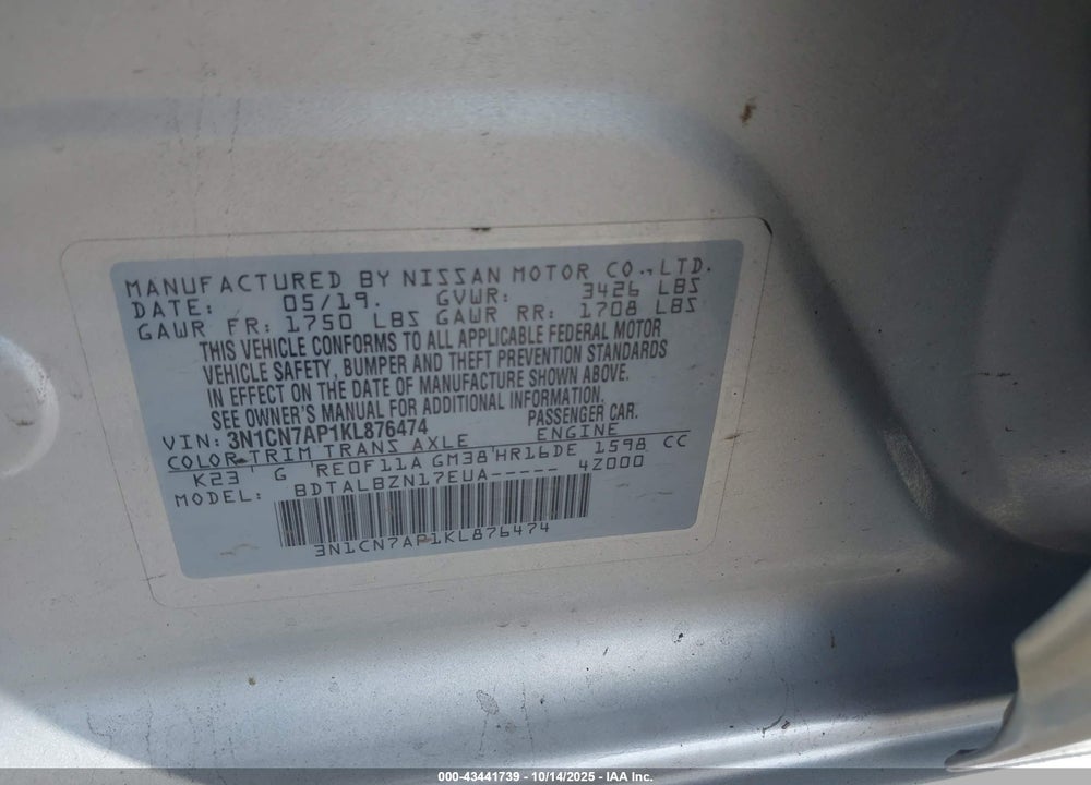 2019 NISSAN VERSA VIN: 3N1CN7AP1KL876474