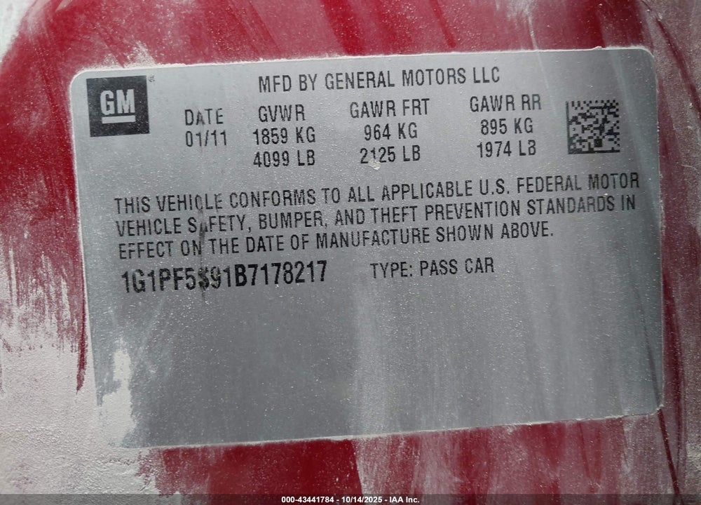 2011 CHEVROLET CRUZE VIN: 1G1PF5S91B7178217