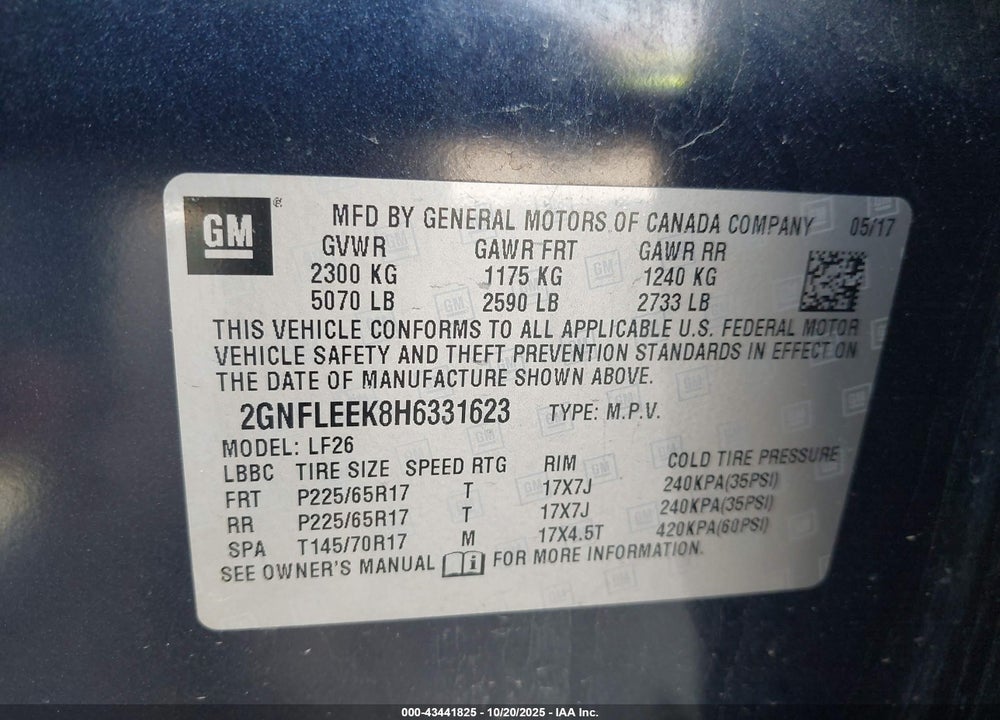 2017 CHEVROLET EQUINOX LS VIN: 2GNFLEEK8H6331623