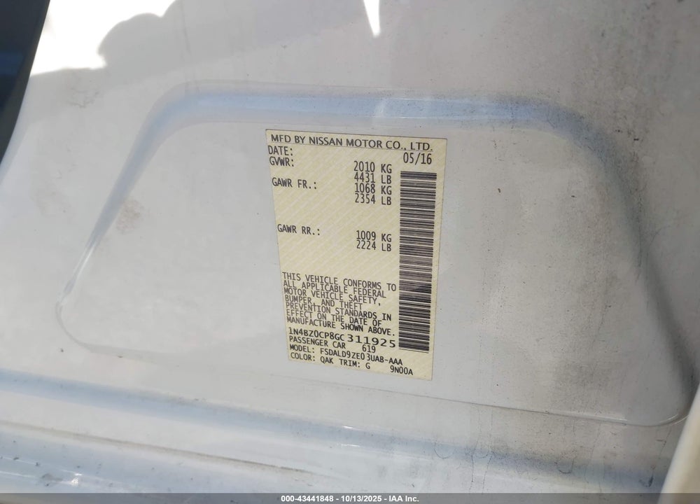 2016 NISSAN LEAF VIN: 1N4BZ0CP8GC311925
