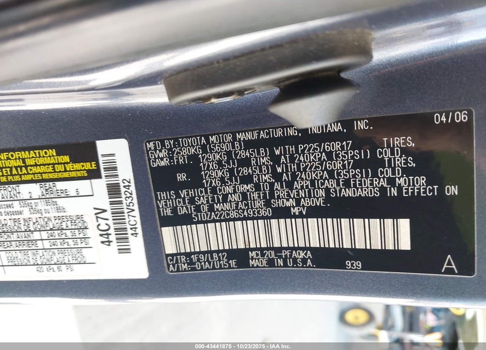 2006 TOYOTA SIENNA XLE LIMITED VIN: 5TDZA22C86S493360