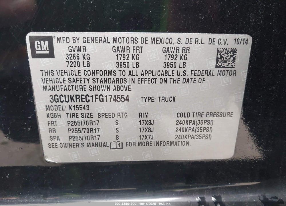 2015 CHEVROLET SILVERADO 1500 VIN: 3GCUKREC1FG174554