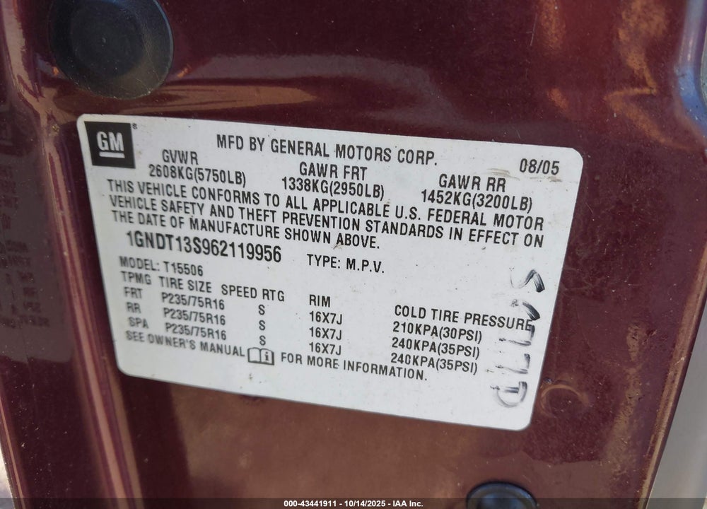 2006 CHEVROLET TRAILBLAZER VIN: 1GNDT13S962119956