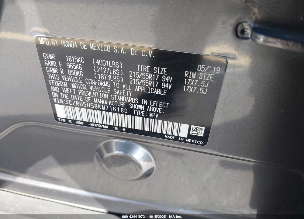 2019 HONDA HR-V EX VIN: 3CZRU5H58KM716180
