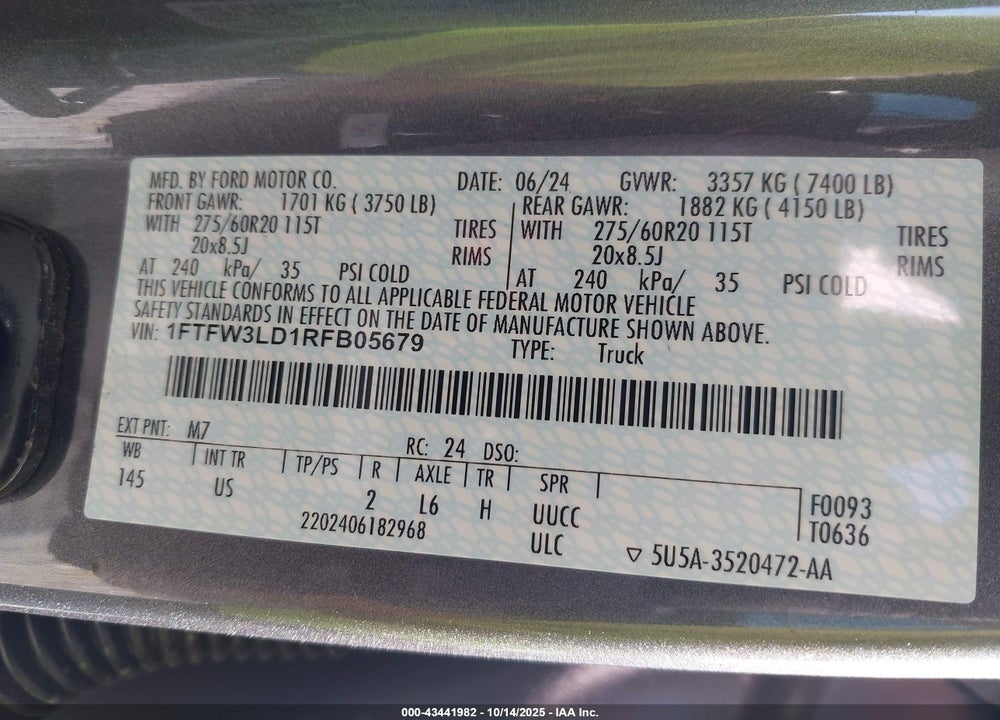 2024 FORD F-150 VIN: 1FTFW3LD1RFB05679