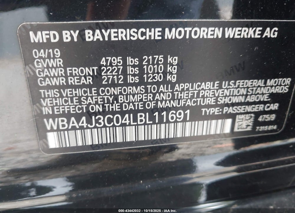 2020 BMW 430I GRAN COUPE XDRIVE VIN: WBA4J3C04LBL11691