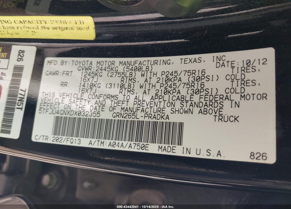 2013 TOYOTA TACOMA PRERUNNER V6 VIN: 5TFJU4GNXDX032355