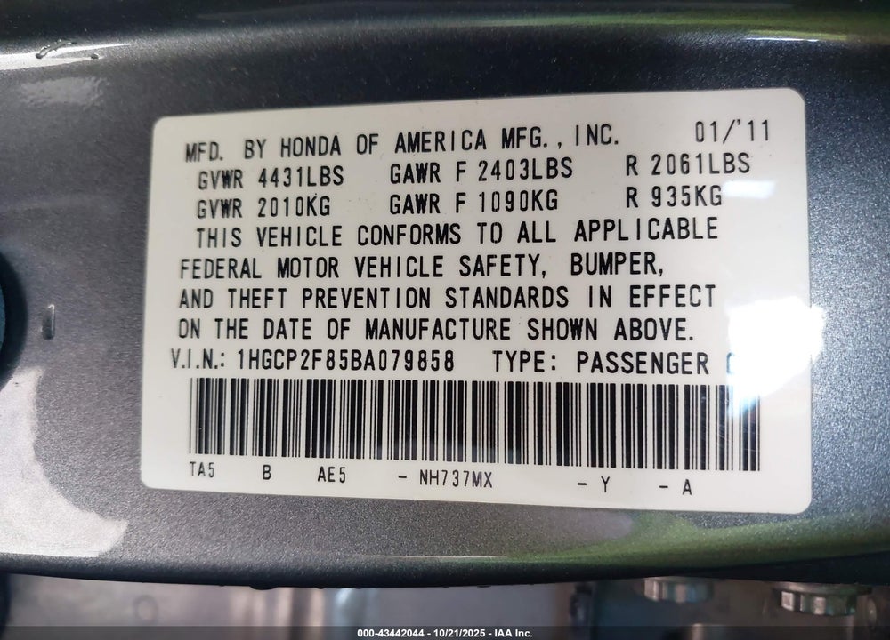 2011 HONDA ACCORD 2.4 EX-L VIN: 1HGCP2F85BA079858