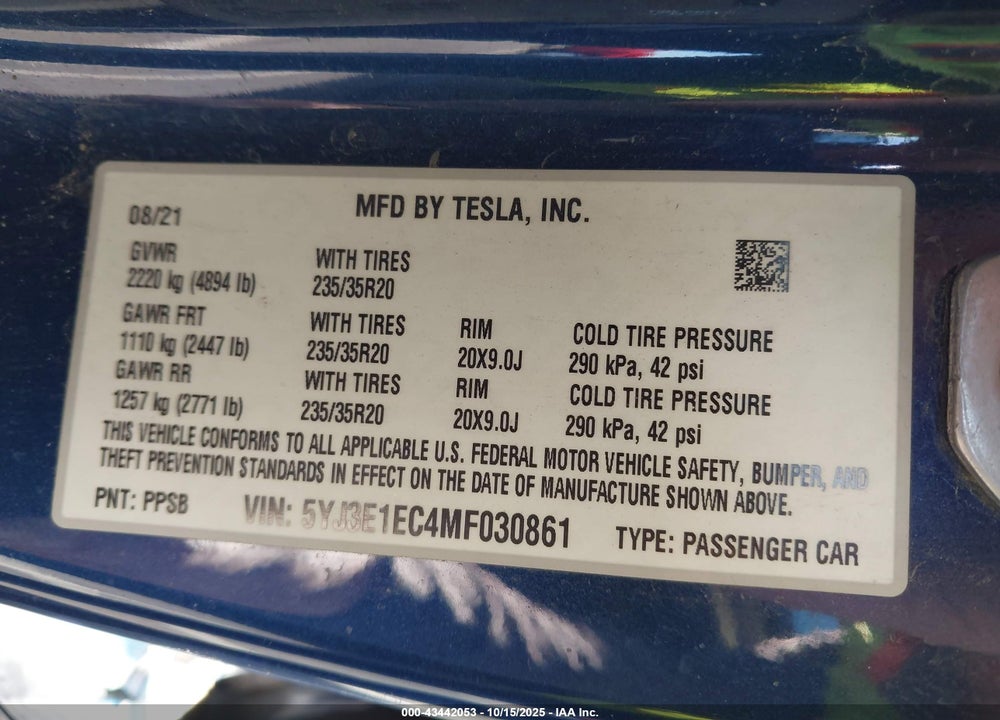 2021 TESLA MODEL 3 PERFORMANCE DUAL MOTOR ALL-WHEEL DRIVE VIN: 5YJ3E1EC4MF030861