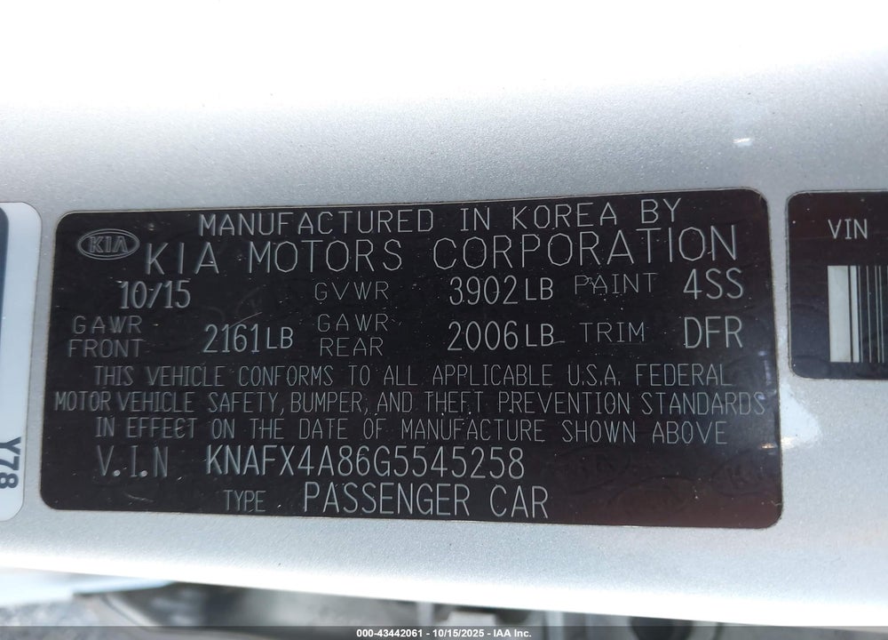 2016 KIA FORTE VIN: KNAFX4A86G5545258