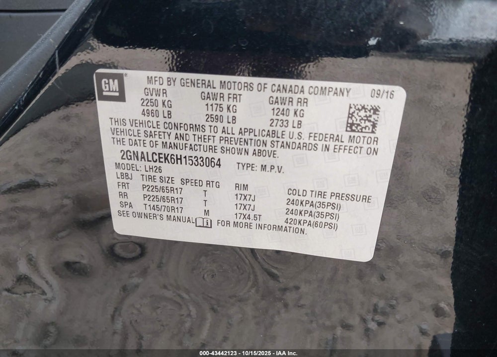 2017 CHEVROLET EQUINOX VIN: 2GNALCEK6H1533064