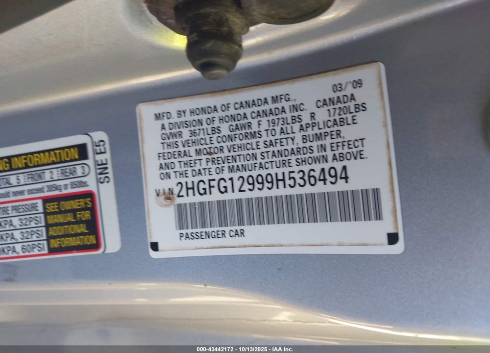 2009 HONDA CIVIC VIN: 2HGFG12999H536494