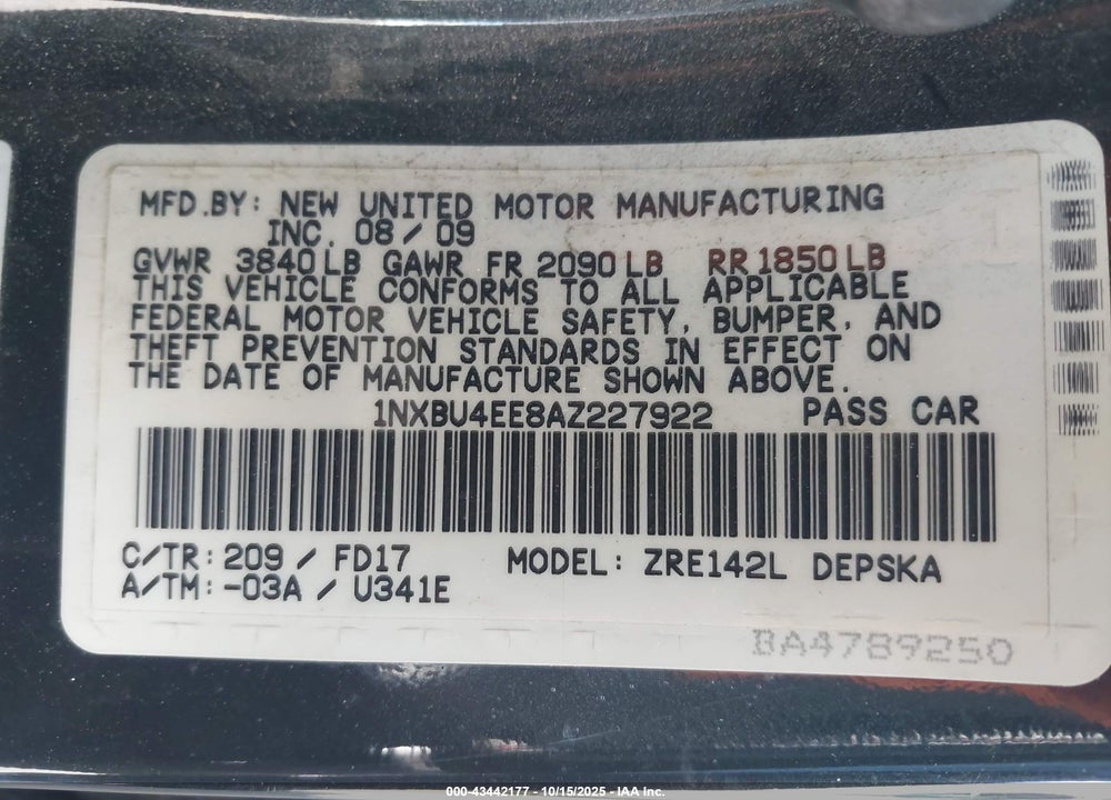 2010 TOYOTA COROLLA VIN: 1NXBU4EE8AZ227922