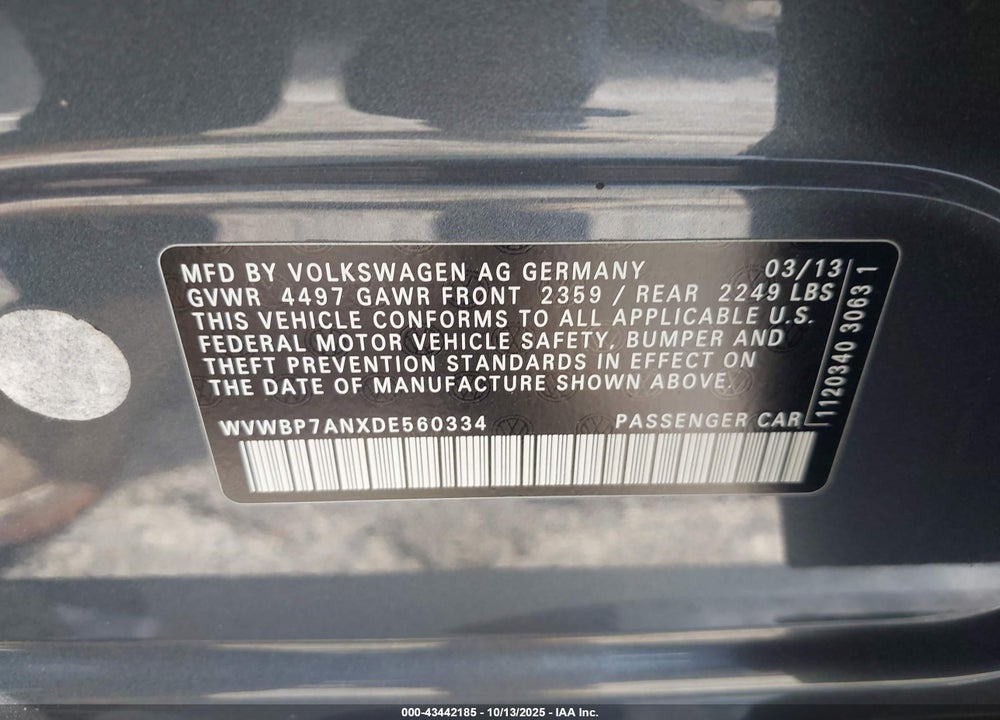 2013 VOLKSWAGEN CC 2.0T SPORT VIN: WVWBP7ANXDE560334