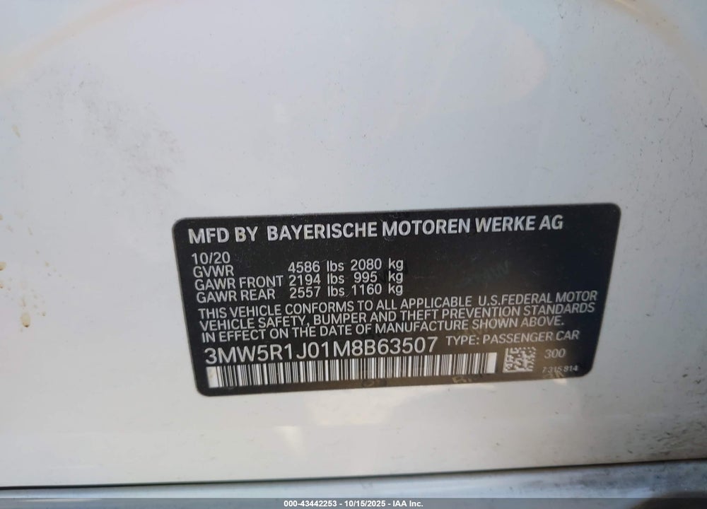 2021 BMW 330I VIN: 3MW5R1J01M8B63507