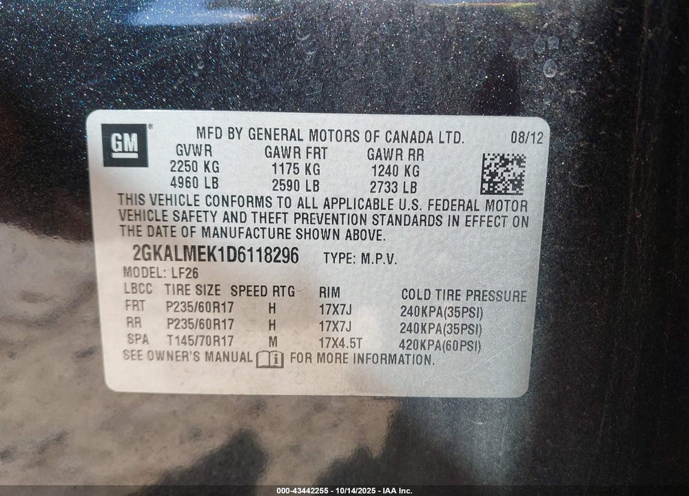 2013 GMC TERRAIN SLE-1 VIN: 2GKALMEK1D6118296