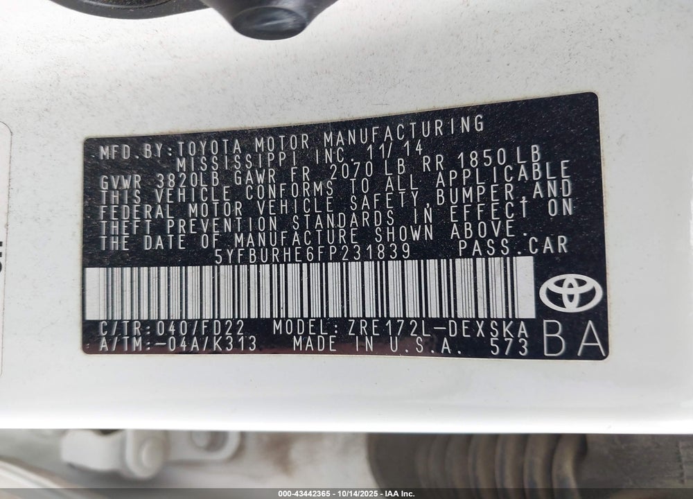 2015 TOYOTA COROLLA S PLUS VIN: 5YFBURHE6FP231839