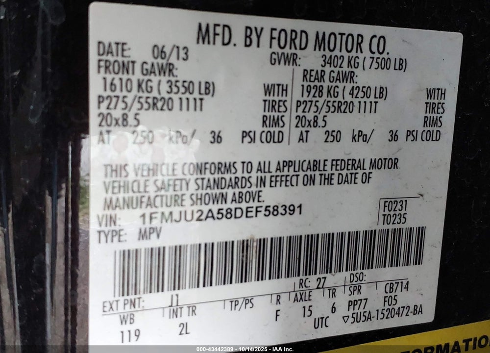 2013 FORD EXPEDITION LIMITED VIN: 1FMJU2A58DEF58391