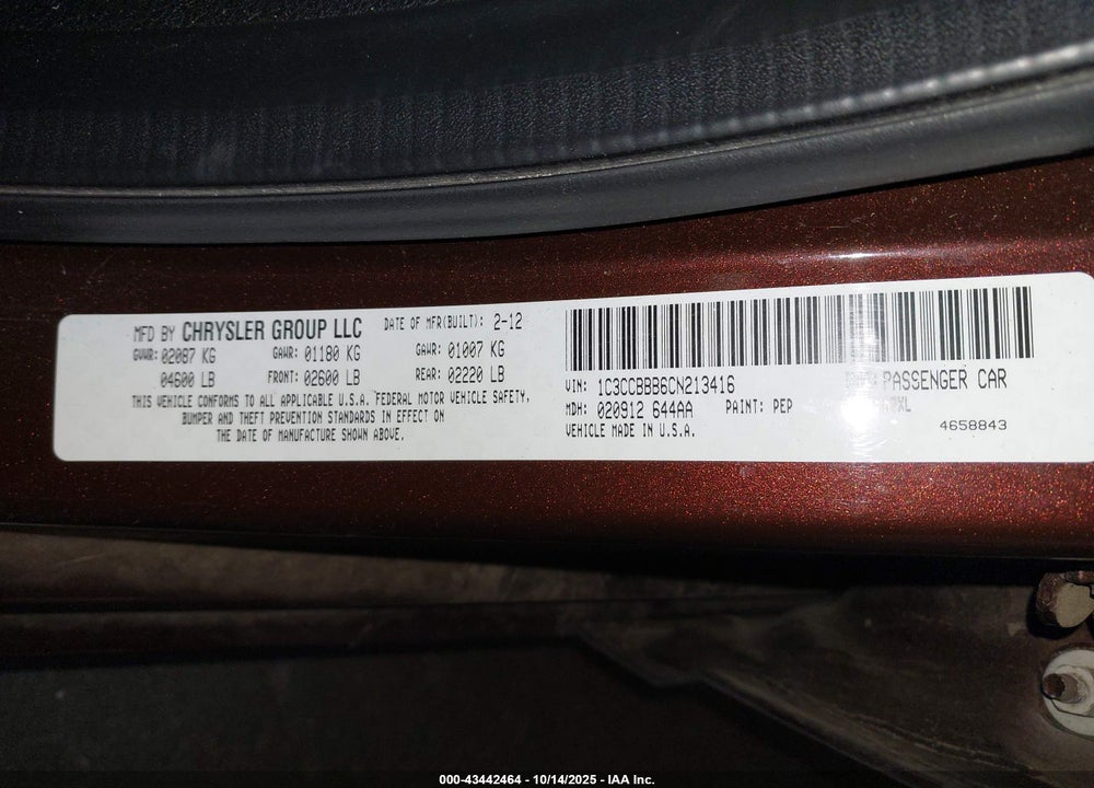 2012 CHRYSLER 200 TOURING VIN: 1C3CCBBB6CN213416