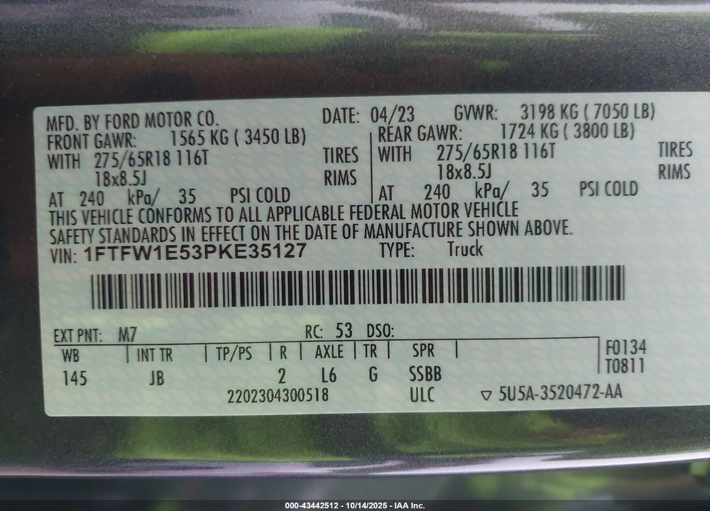 2023 FORD F-150 XL VIN: 1FTFW1E53PKE35127