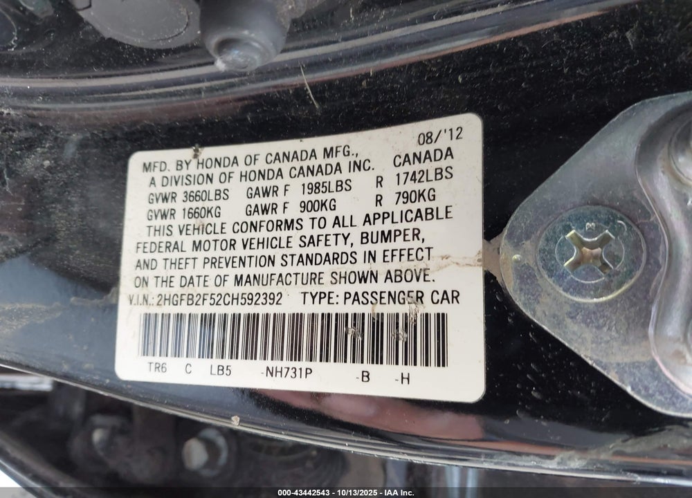 2012 HONDA CIVIC LX VIN: 2HGFB2F52CH592392
