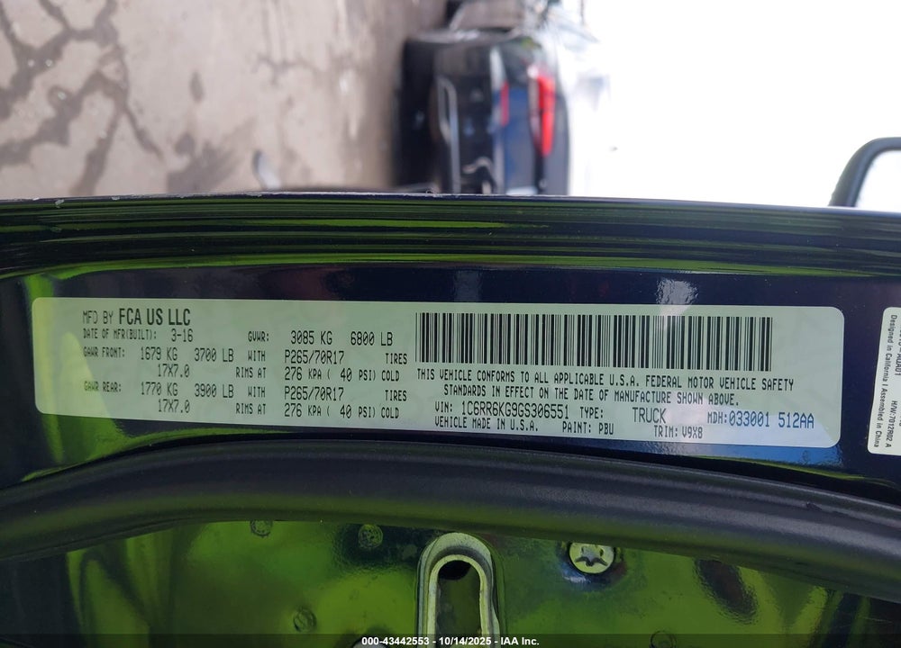 2016 RAM 1500 VIN: 1C6RR6KG9GS306551