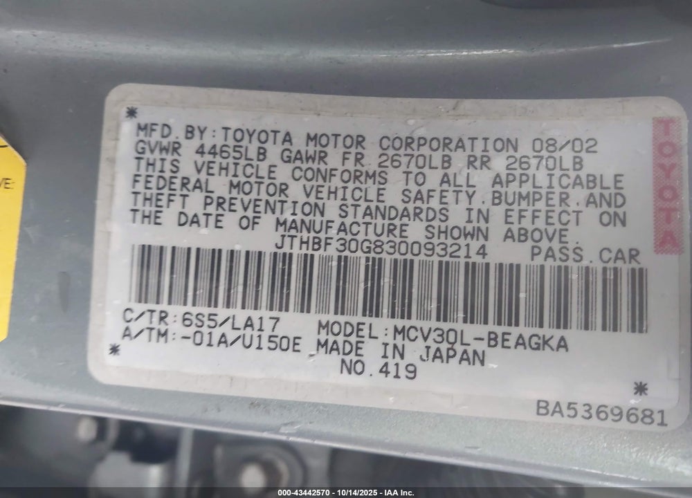 2003 LEXUS ES 300 VIN: JTHBF30G830093214