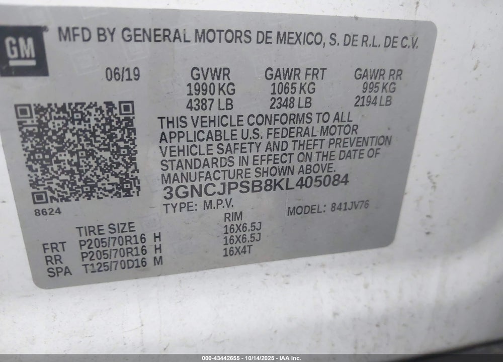 2019 CHEVROLET TRAX LT VIN: 3GNCJPSB8KL405084