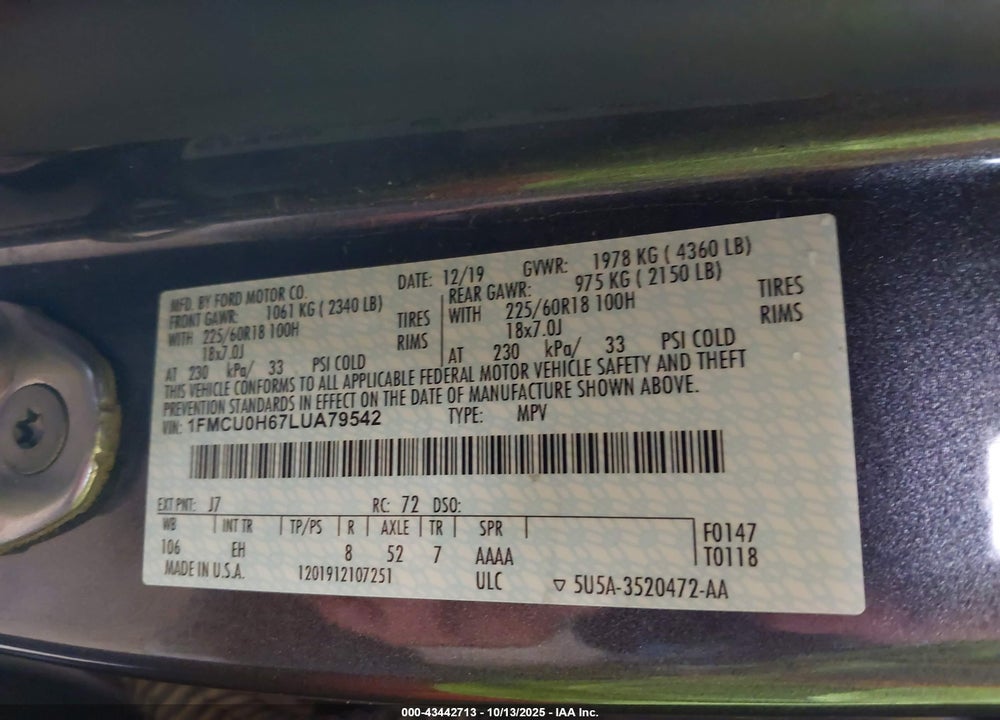 2020 FORD ESCAPE VIN: 1FMCU0H67LUA79542