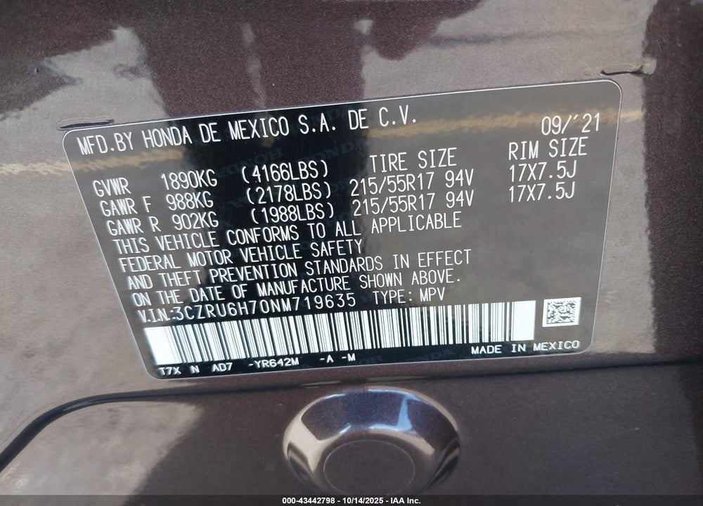 2022 HONDA HR-V AWD EX-L VIN: 3CZRU6H70NM719635