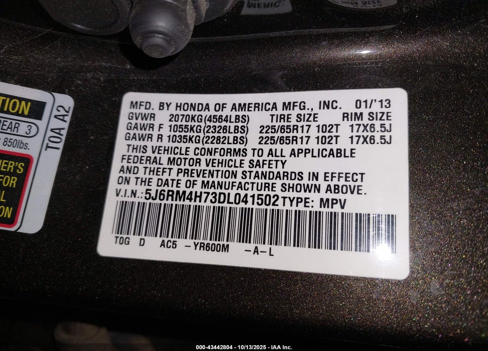 2013 HONDA CR-V VIN: 5J6RM4H73DL041502